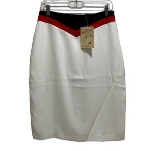 Patti LaBelle White A-Line Lined Skirt W/ Black Red V Waist Contrast Size 10